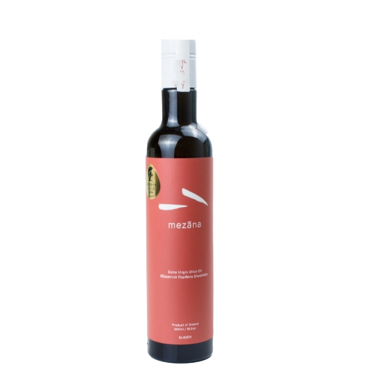 Bottle of Mezana Extra Virgin Olive Oil 500ml made from Koroneiki olives in Peloponnese, Greece, cold-pressed for premium quality and rich flavor.