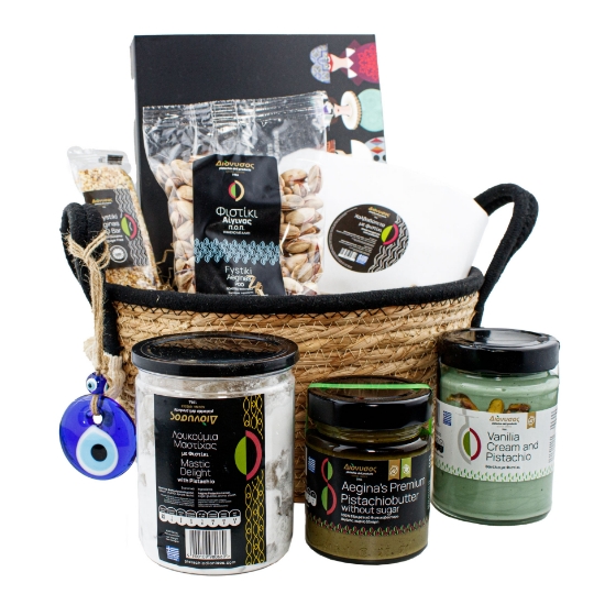 Picture of Luxury Greek Gift Basket with Aegina Pistachios & Evil Eye Charm